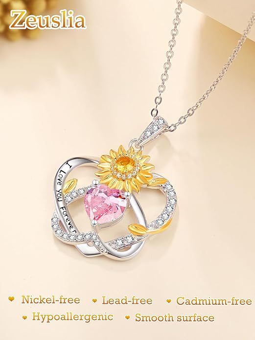 Zeuslia Double Birthstone Necklace Gifts for Wife - 925 Sterling Silver Sunflower/Rose/Crown Cross/Compass/Heart Pendant I Love You Necklace, Anniversary Birthday Gifts for Wife Girlfriend Mom Her