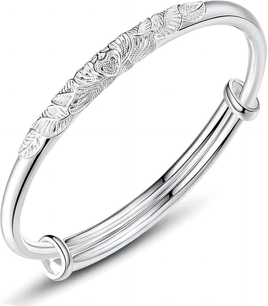 S925 Silver Bangle Bracelet for Women, Elegant Women‘s Sterling Silver Bracelet Bangle Adjustable 6.4-7.8 inches Small Size