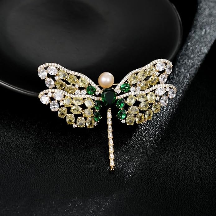 14K Gold Exquisite Dragonfly Brooch Adorned with Colorful Gemstones and Lustrous Pearls, Chic Brooch Accent for Special Events, Ideal for Stylish Women