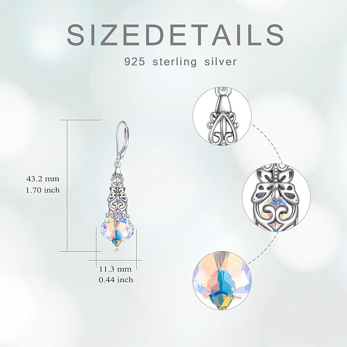Austrian Crystal Dangle Drop Leverback Earrings for Women 925 Sterling Silver Vintage Oxidized Butterfly Filigree Hypoallergenic Jewelry