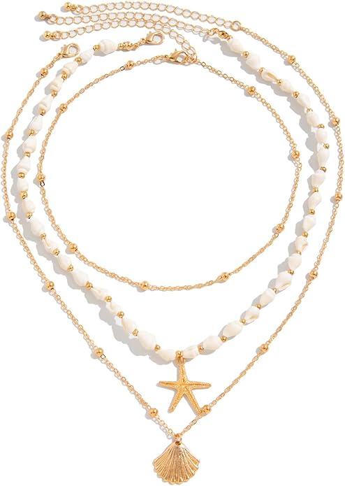 Seashell Necklace for Women Gold Layered Sea Shell Necklace Boho Summer Beach Necklaces for Women Adjustable Pearl Conch Starfish Necklaces Vacation Coastal Beachy Jewelry Outfits Accessories