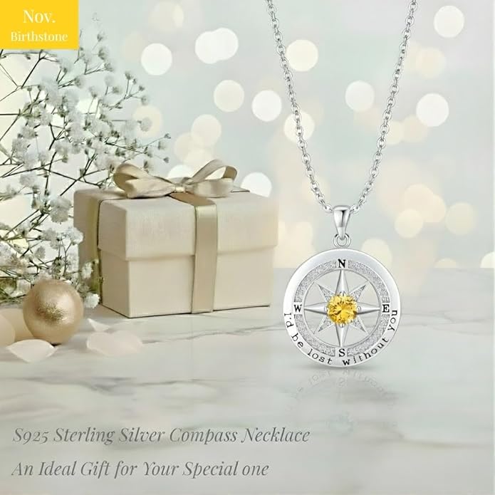 Compass Necklace for Women Wife Girlfriend Mom Daughter Gifts S925 Silver Jewelry For Anniversary Rose Gold Gifts For Birthday Christmas Mothers Valentines Day 12 Birthstones