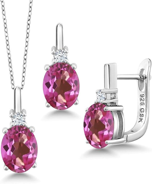Gemstone Birthstone and White Created Sapphire Pendant and Earrings Jewelry Set for Women in 925 Sterling Silver | Oval 8X6MM and Round 2.5MM | With 18 Inch Chain | Fine Jewelry for Her Mom Women Wife