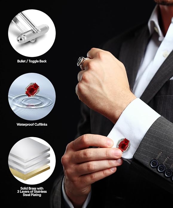 Rectangular Colored Diamond-Flanked Crystal Cuff Links – Tuxedo Suit Accessories, Cufflinks for Men