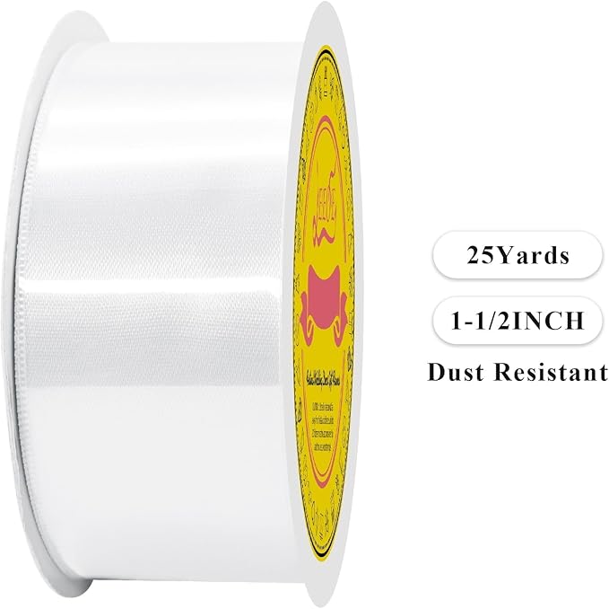 LEEQE Double Face White Satin Ribbon 1-1/2 inch X 25 Yards Polyester White Ribbon for Gift Wrapping Very Suitable for Weddings Party Hair Bow Invitation Decorations and More
