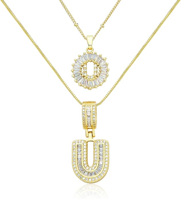 14K Gold Plated Initial Letter Pendant Necklace, Cubic Zirconia Crystal, Copper Chain