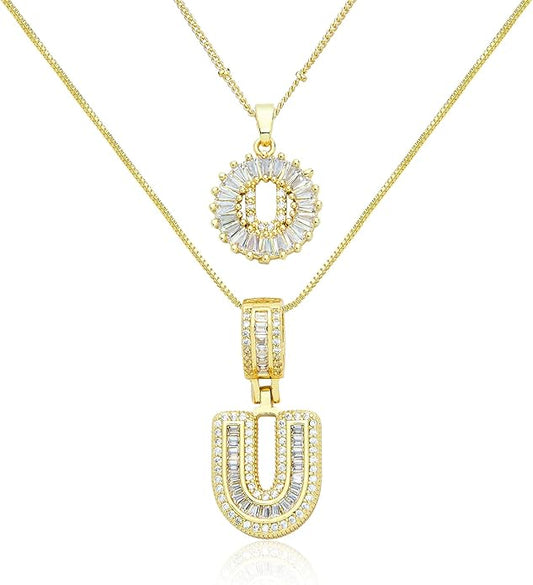 14K Gold Plated Initial Letter Pendant Necklace, Cubic Zirconia Crystal, Copper Chain