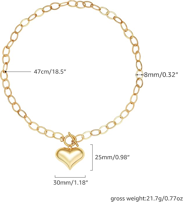 Chunky Gold Necklace for Women, 18K Waterproof Heart Necklace Statement Necklace Gold Charm Necklace Chunky Jewelry Paperclip Chain Choker Gift for Women