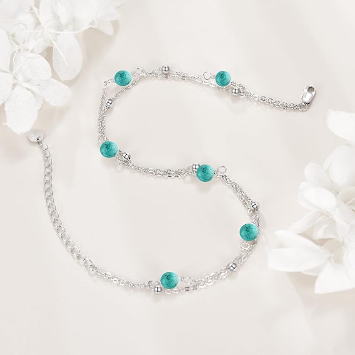 CRMAD Pearl/Moonstone/Larimar/Turquoise/Opal/Black Onyx Bracelet Anklet for Women Sterling Silver Beach Jewelry Gift for Women