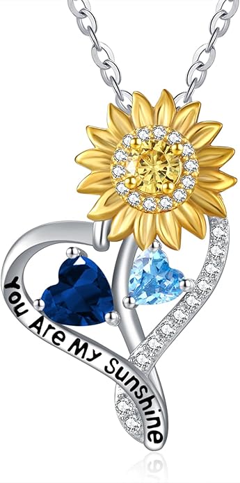 Zeuslia Double Birthstone Necklace Gifts for Wife - 925 Sterling Silver Sunflower/Rose/Crown Cross/Compass/Heart Pendant I Love You Necklace, Anniversary Birthday Gifts for Wife Girlfriend Mom Her