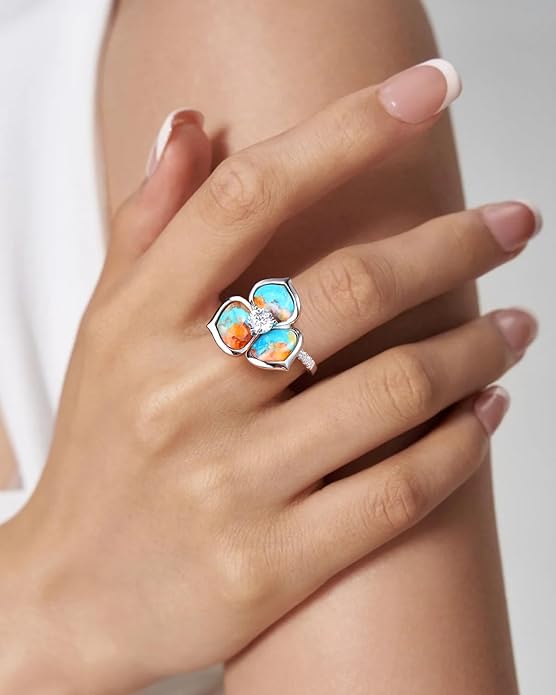 AIBAO Flower Gemstone Rings for Women Three Pental Turquoise/Malachite/Mother of Pearl Flower Ring with Cubic Zirconia Center Sterling Silver Statement Rings Size 6 to 10