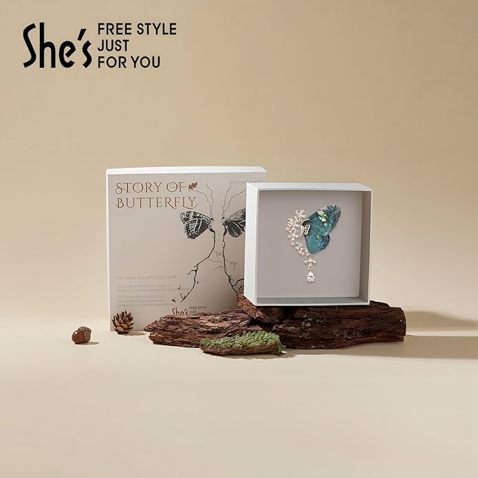 Handmade Embroidery Flower Brooch Pins for Women, SHE'S FREE STYLE JUST FOR YOU Luxury Gradient Stitching Floral Brooch Pins with Crystal stamen, Enamel Metal Butterfly with Green Leaves, Hand Dripping Oil Jewelry pins