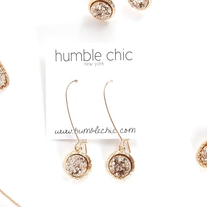 Simulated Druzy Threader Drop Earrings for Women - Gold, Silver, or Rose Gold Tone Trendy Boho Dangles with Sparkly Round Stone