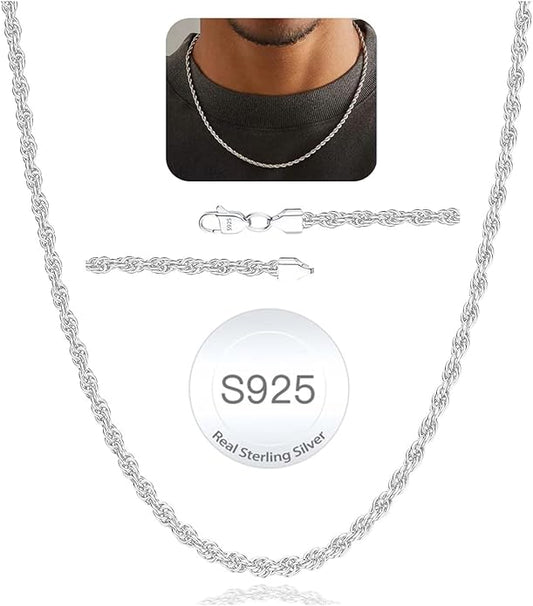 Avotto 925 Sterling Silver Solid 2.5mm 3mm Rope Chain Necklace for Men Boys, Sturdy Non-Fading Mens Boys Silver Chain Jewelry Gifts for Him 14/16/18/20/22/24 Inch