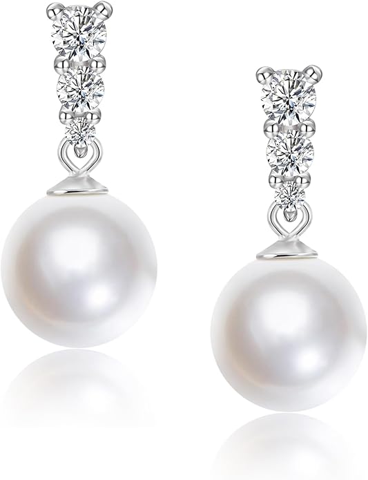 Mameloly Pearl Drop Earrings 925 Sterling Silver CZ 10MM Simulated Pearl Earrings for Women Dangle Trendy Jewelry for Women Hypoallergenic