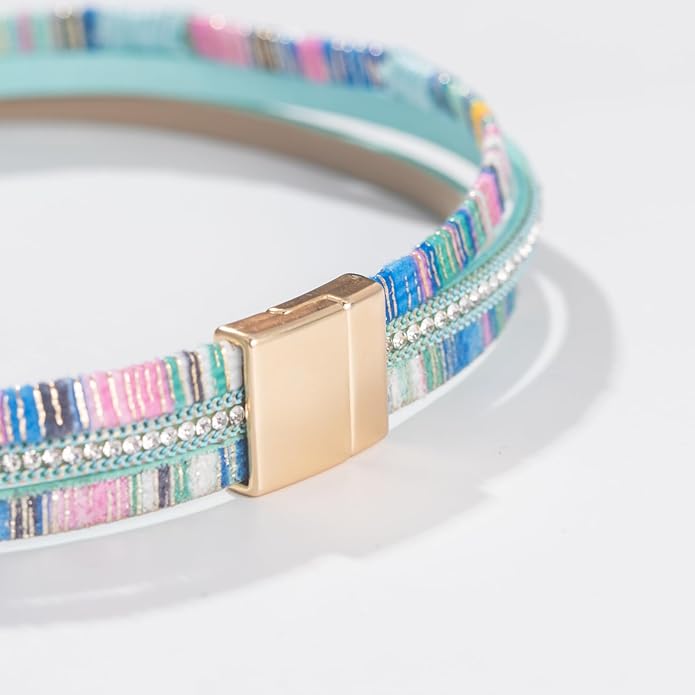 FANCY SHINY Leather Wrap Bracelet Boho Cuff Bangle Bracelets Crystal Bead Bracelet with Magnetic Clasp Jewelry Gifts for Women