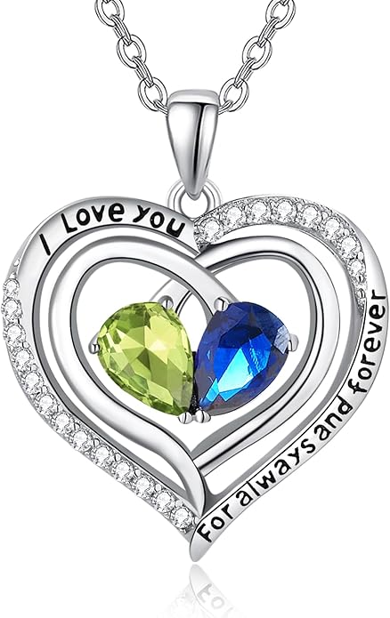 Zeuslia Double Birthstone Necklace Gifts for Wife - 925 Sterling Silver Sunflower/Rose/Crown Cross/Compass/Heart Pendant I Love You Necklace, Anniversary Birthday Gifts for Wife Girlfriend Mom Her
