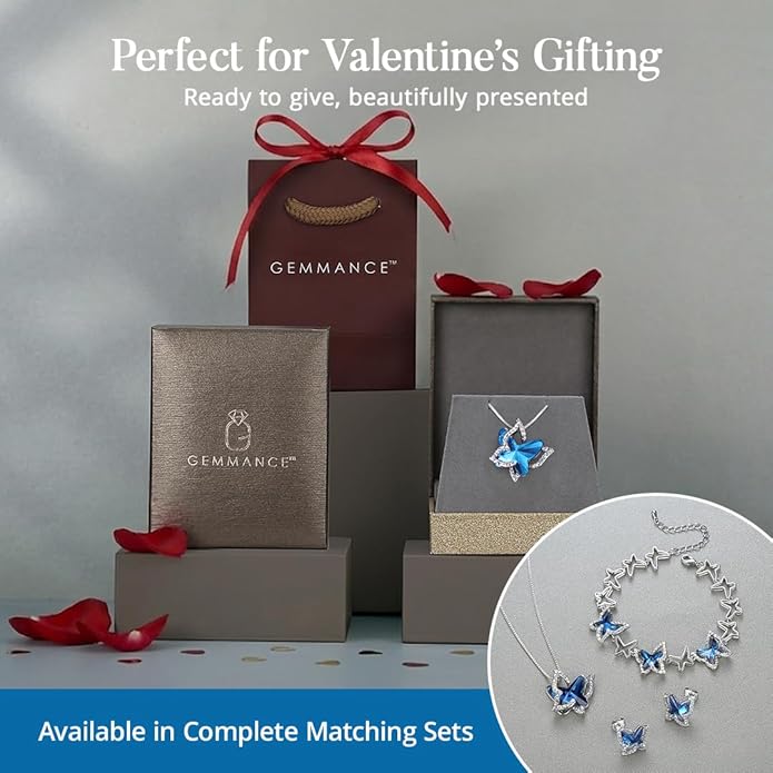 GEMMANCE Valentine's Day Gift Butterfly Birthstone Crystal Necklace, Silver Tone with 18”+2” Chain, Necklace for Mother’s Day Anniversary Birthday Gifts for Women and Daughter