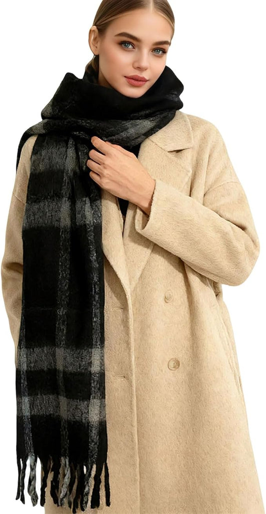 SHOHOKU Large Chunky Plaid Scarf Coloured Checked Oversized Scarf Tassel Soft Fall Winter Thick Warm Shawl Women