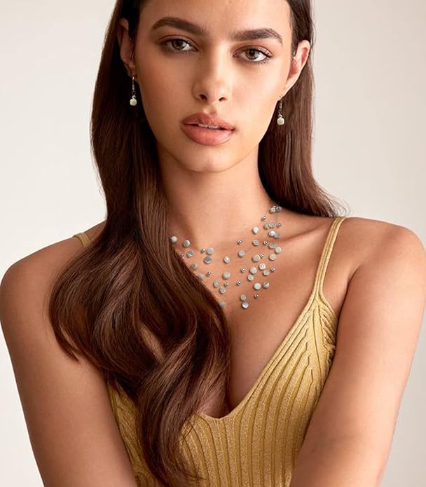 Multi-Layer Boho Shell Beaded Necklace for Women Colorful Crystal Strand with Silver Beads Statement Collars Necklace and Earrings Costumes Jewelry Sets for Women