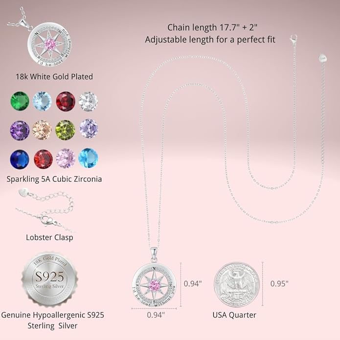 Compass Necklace for Women Wife Girlfriend Mom Daughter Gifts S925 Silver Jewelry For Anniversary Rose Gold Gifts For Birthday Christmas Mothers Valentines Day 12 Birthstones