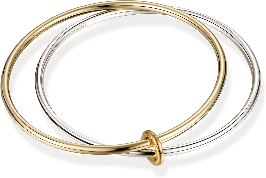NOKMIT 2PCS 14K Gold Silver Tone Stackable Bangle Bracelets for Women, High Polished Thin Plain Stainless Steel Bangle with Detachable Connector Ring, Non-Tarnish Mixed Metal Jewelry