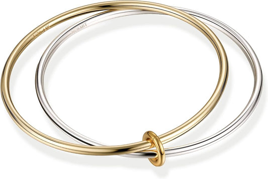 NOKMIT 2PCS 14K Gold Silver Tone Stackable Bangle Bracelets for Women, High Polished Thin Plain Stainless Steel Bangle with Detachable Connector Ring, Non-Tarnish Mixed Metal Jewelry