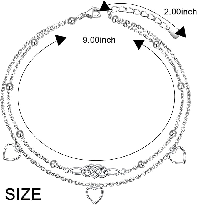 FLYOW Anklet for Women S925 Sterling Silver Adjustable Foot Beaded Heart Charm Ankle Bracelet Anklets Jewelry