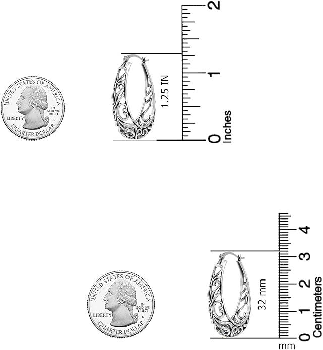 LeCalla 925 Sterling Silver Hoop Earrings for Women | Women's Filigree Hoop Earrings | Antique Oxidized Openwork Mesh Filigree Cut Earring Chunky Hoops | Hypoallergenic Vintage Filigree Oval Hoop Earrings for Women