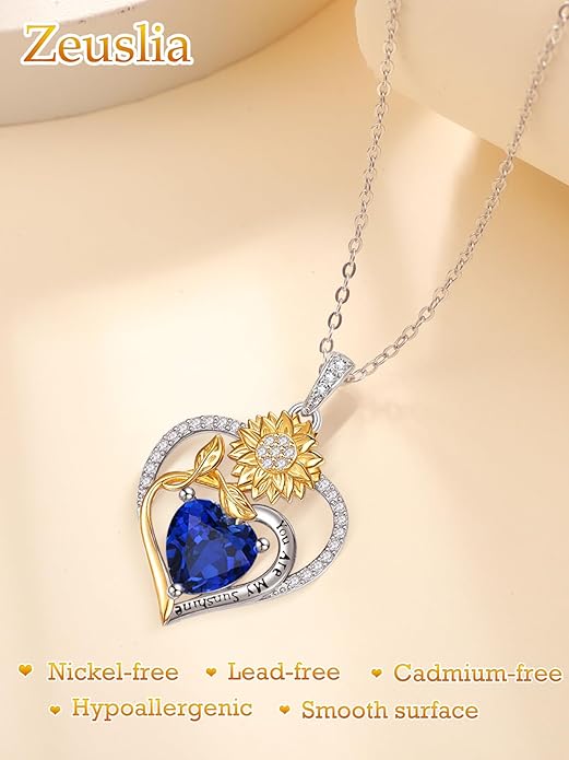 Zeuslia Double Birthstone Necklace Gifts for Wife - 925 Sterling Silver Sunflower/Rose/Crown Cross/Compass/Heart Pendant I Love You Necklace, Anniversary Birthday Gifts for Wife Girlfriend Mom Her