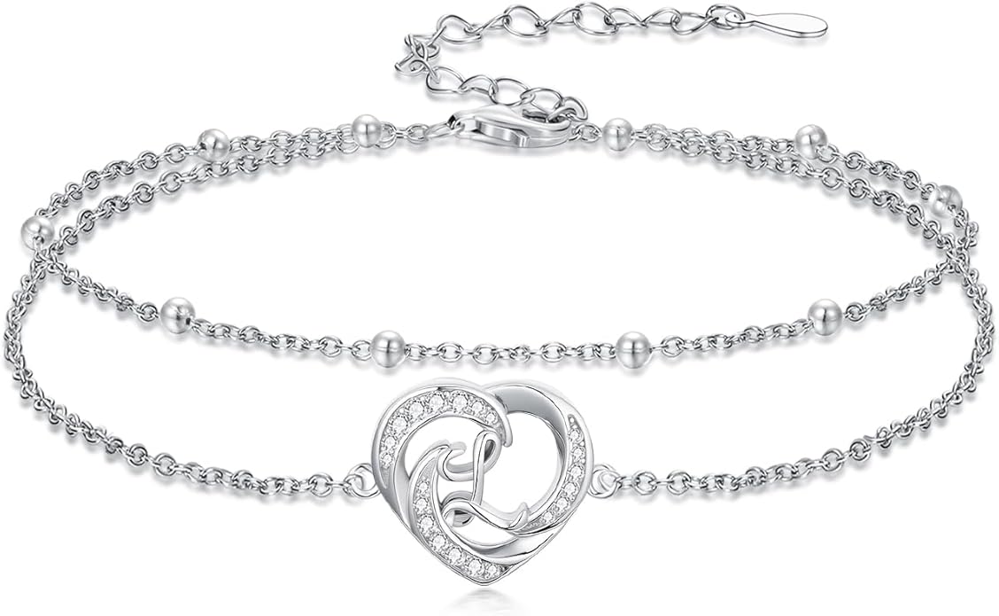 Dorunmo Initial Anklet 925 Sterling Silver Letter A-Z Layered Heart Anklet Beach Jewelry Birthday Gifts for Women