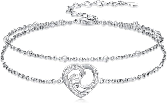Dorunmo Initial Anklet 925 Sterling Silver Letter A-Z Layered Heart Anklet Beach Jewelry Birthday Gifts for Women
