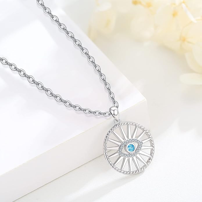 Evil Eye Necklace for Women 925 Sterling Silver, Protection Necklace with Blue Evil Eye Charm, Evil Eye/Lotus Pendant Jewelry, Birthday Christmas Gifts for Her