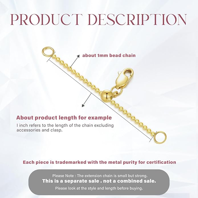 14k Gold Necklace & Bracelet Extender Chain, 1"/1.5"/2"/3"/4"/5" Durable Removable Gold Extension Chain
