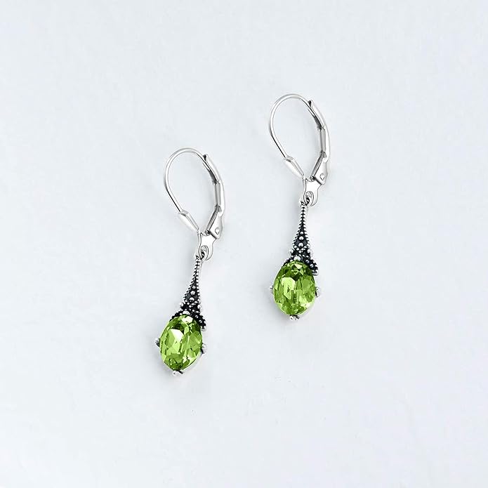 AOBOCO Vintage Earrings for Women Sterling Silver Retro Drop Dangle Leverback Earrings with 8x6mm Oval Genuine or Simulated Birthstone Crystal from Austria, Anniversary Jewelry Gifts for Her Women