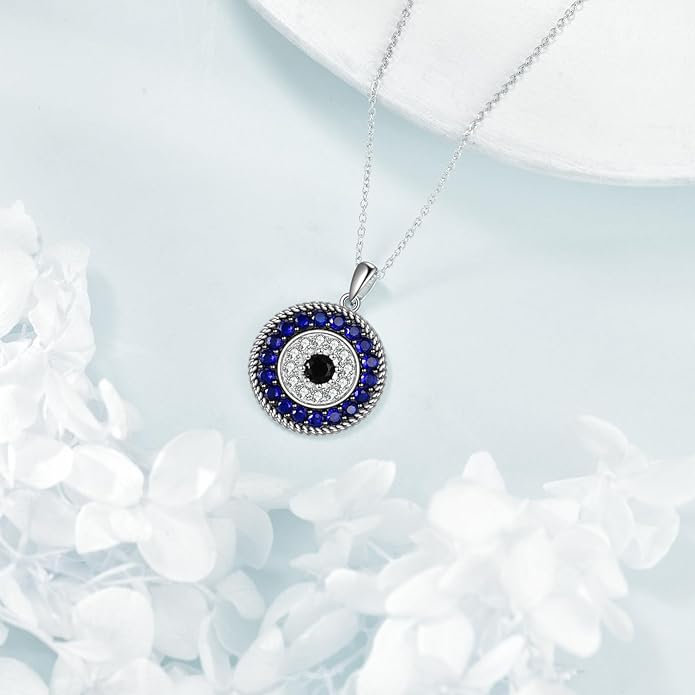 YFN Evil Eye Pendant Necklace for Women 925 Sterling Silver Greek Protection Jewelry with Blue Sapphire and Black Cz Amulet Gift