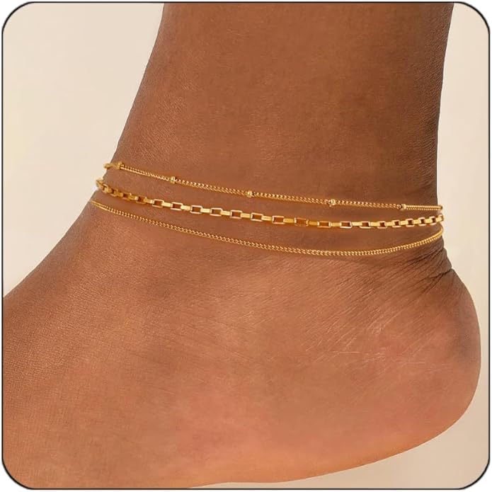 Gold Plated Ankle Bracelets For Women Waterproof,18k Gold Plated Anklets Layered Thin Snake Chain Herringbone Anklets Non Tarnish Stainless Steel Dainty Summer Jewelry Set Gift For Women