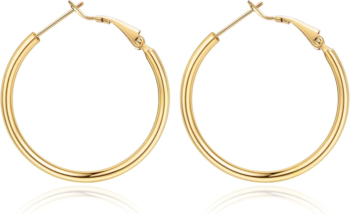 Jewlpire 14K Gold Plated 925 Sterling Sliver Post Hoop Earrings, 2MM Thick Hoop earrings Lightweight Large Hoop Earrings for Women Trendy 20/30/40/50/60/70mm