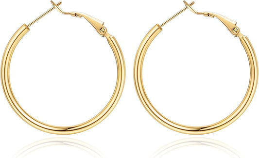 Jewlpire 14K Gold Plated 925 Sterling Sliver Post Hoop Earrings, 2MM Thick Hoop earrings Lightweight Large Hoop Earrings for Women Trendy 20/30/40/50/60/70mm