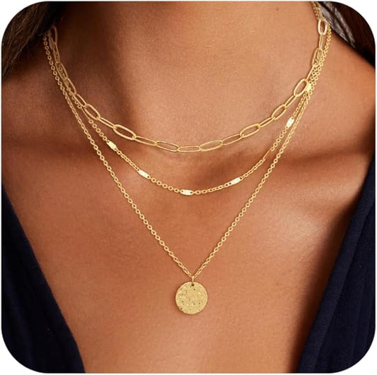 JECOMY Layered Gold Necklace for Women, 14K Gold Plated Necklace Stack for Women, Dainty Adjustable Gold Necklace Set