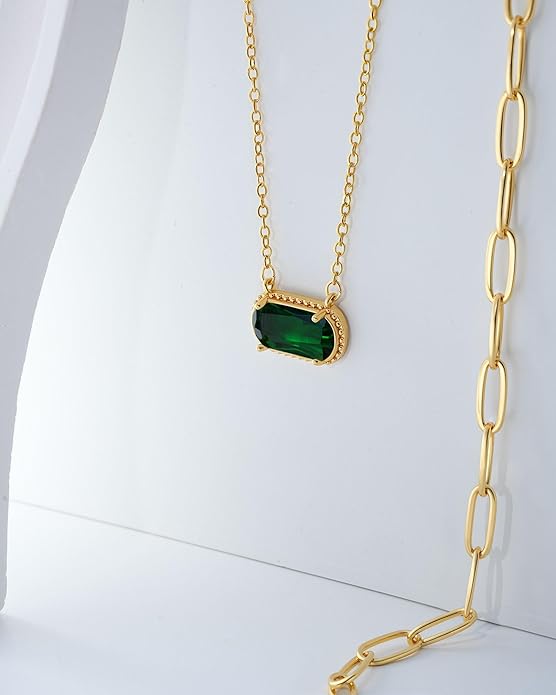 Lourny Gemstone Birthstone Pendant Layered Necklace for Women Trendy, 18K Gold Plated Paperclip Chain Preppy Choker Charm Necklace for Women Wife Jewelry