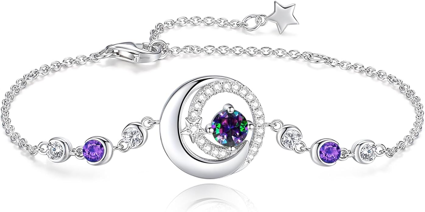 FANCIME Birthstone Bracelets 925 Sterling Silver Moon and Star Bangle Charm Bracelet Fine Jewelry Birthday Anniversary Christmas Day Gift for Her Women, Adjustable Chain 6.7"+1.2" Extend