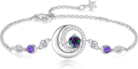 FANCIME Birthstone Bracelets 925 Sterling Silver Moon and Star Bangle Charm Bracelet Fine Jewelry Birthday Anniversary Christmas Day Gift for Her Women, Adjustable Chain 6.7"+1.2" Extend