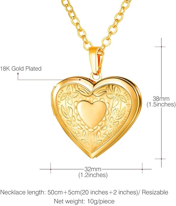 U7 Women Locket Necklace Platinum 14K Gold Photo Lockets that Hold Picture,Chain 20 Inch Personalized Gift Custom Love Heart Image Necklaces