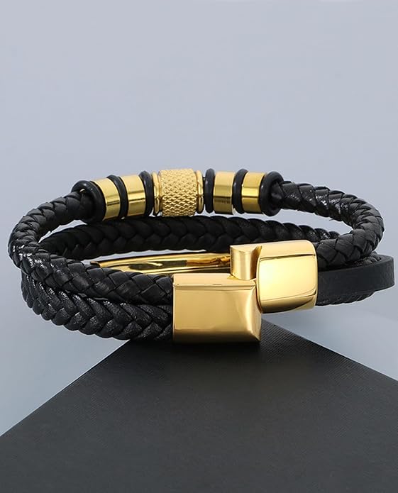 Italian Handmade Genuine Leather Bracelets for Men Stainless Steel Clip, Men's Casual Genuine Multi-layer Cuff Bracelet, Bracelet Gift for Real Men