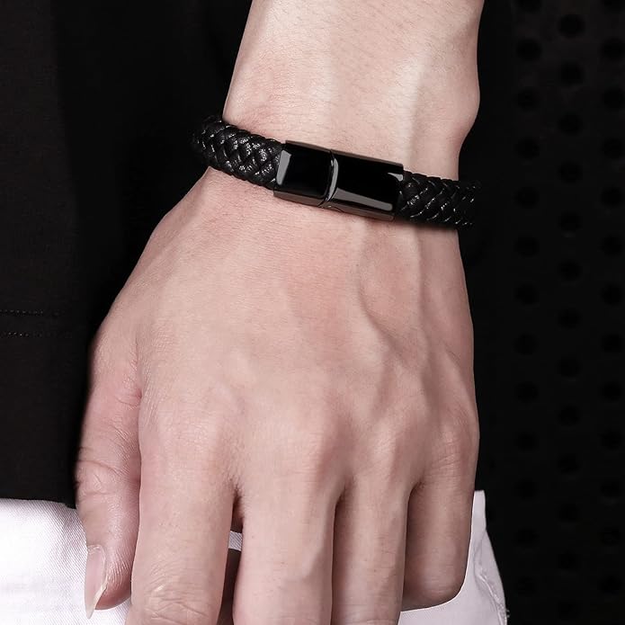 Leather Bracelet for Men Braided Cuff Wristband Stainless Steel Clasp in Silver and Gold Jewellery Gift
