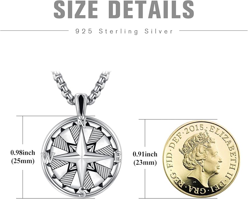 KINGWHYTE Compass Necklace for Men 925 Sterling Silver Birthday Gifts Graduation Travel Jewelry for Husband Brother with Stainless Steel Chain