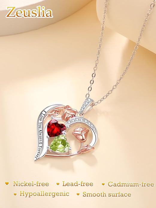 Zeuslia Double Birthstone Necklace Gifts for Wife - 925 Sterling Silver Sunflower/Rose/Crown Cross/Compass/Heart Pendant I Love You Necklace, Anniversary Birthday Gifts for Wife Girlfriend Mom Her