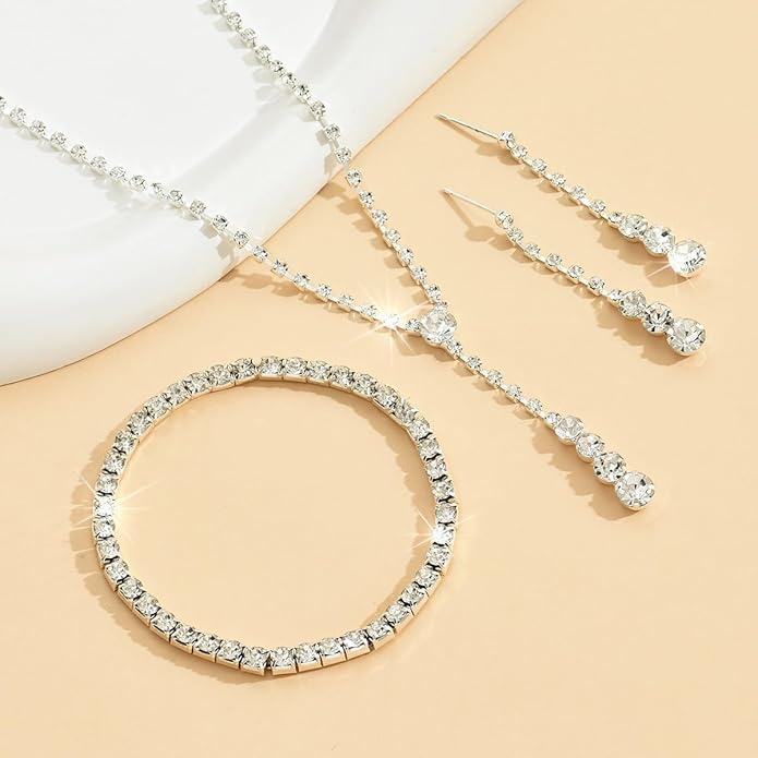 MIFYNN Rhinestone Wedding Set for Women Sparkle Crystal Earrings Necklace Bracelet Jewelry Set Wedding Party Prom Jewelry Set for Brides Bridesmaid