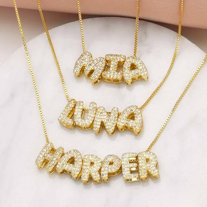 Custom Diamond Bubble 3D Letter Necklace Puffy Personalized Initial Charm with Zircon,18K Gold Plated Dainty Balloon Name Necklace for Women, Handmade Jewelry Gift for Her,Mother's Day